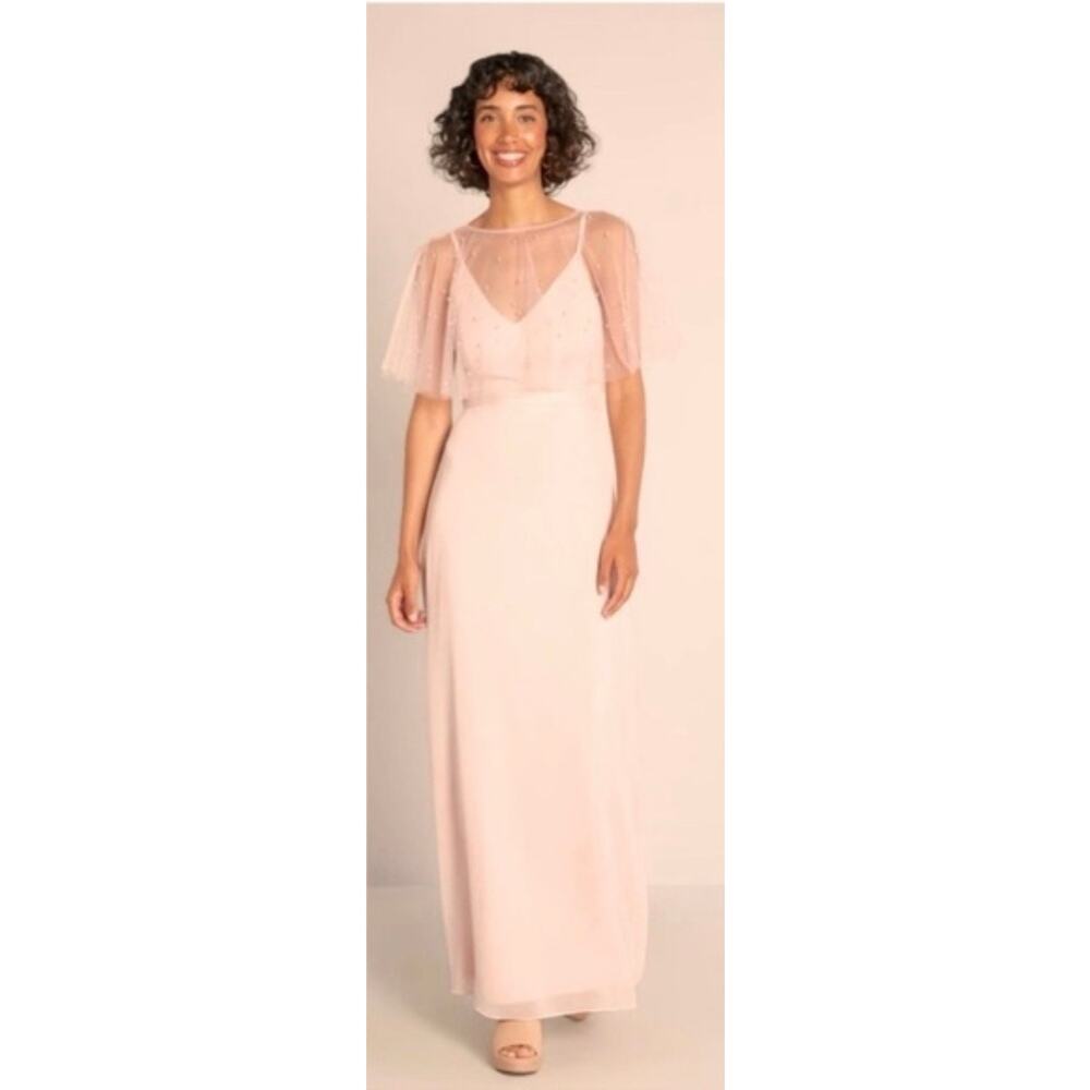 Little Mistress London Blush Pearl Chiffon Maxi Dress with Mesh Capelet US 6 NWT